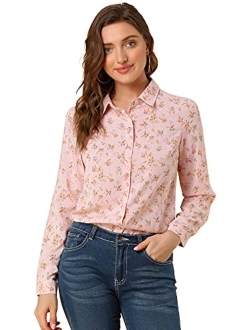 Women's Button Down Floral Shirt Blouse Long Sleeve Point Collar Top