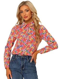 Women's Button Down Floral Shirt Blouse Long Sleeve Point Collar Top