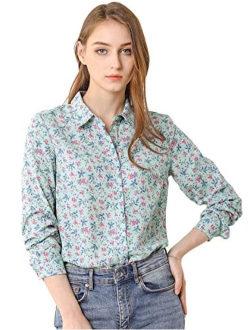 Women's Button Down Floral Shirt Blouse Long Sleeve Point Collar Top