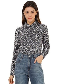 Women's Button Down Floral Shirt Blouse Long Sleeve Point Collar Top