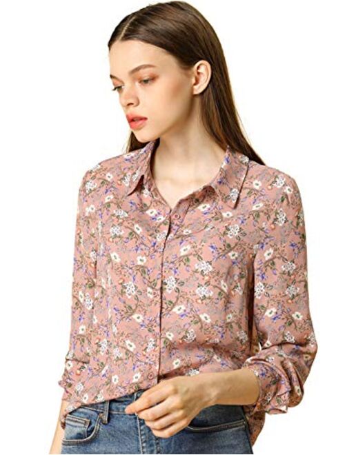 Allegra K Women's Button Down Floral Shirt Blouse Long Sleeve Point Collar Top