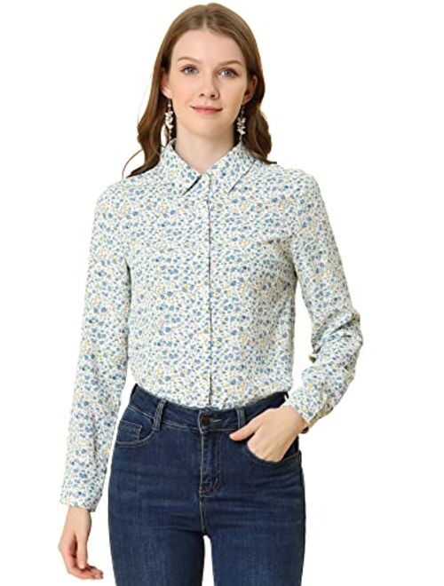 Allegra K Women's Button Down Floral Shirt Blouse Long Sleeve Point Collar Top