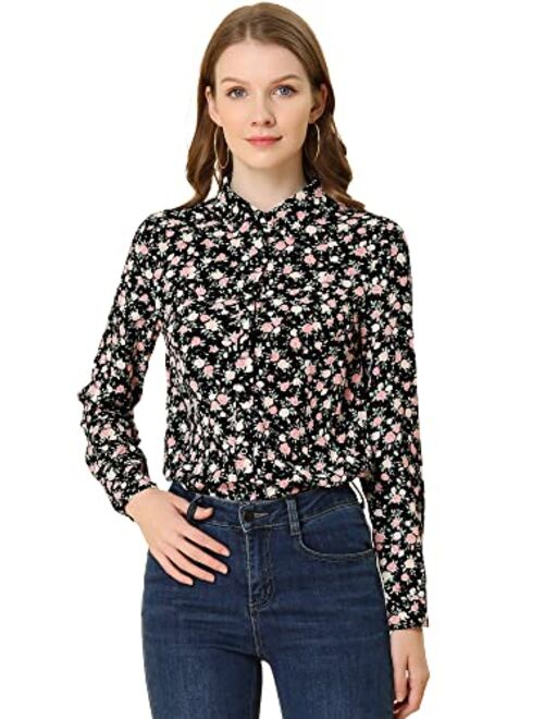 Allegra K Women's Button Down Floral Shirt Blouse Long Sleeve Point Collar Top