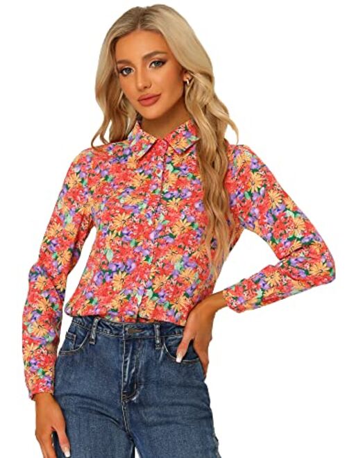 Allegra K Women's Button Down Floral Shirt Blouse Long Sleeve Point Collar Top