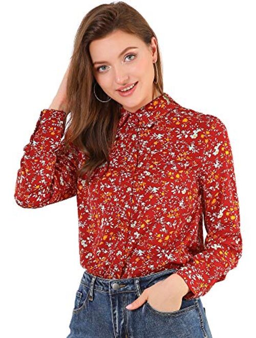 Allegra K Women's Button Down Floral Shirt Blouse Long Sleeve Point Collar Top