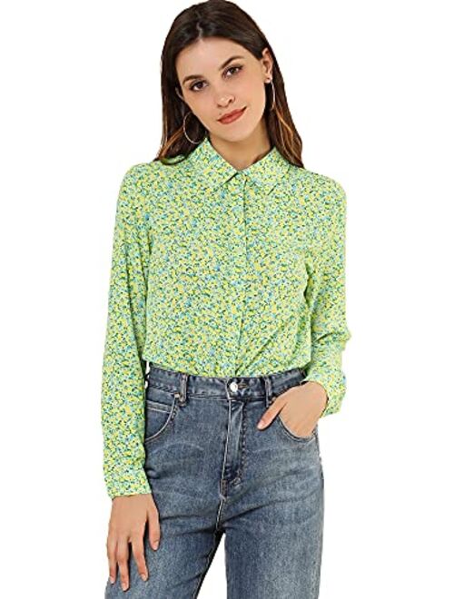 Allegra K Women's Button Down Floral Shirt Blouse Long Sleeve Point Collar Top