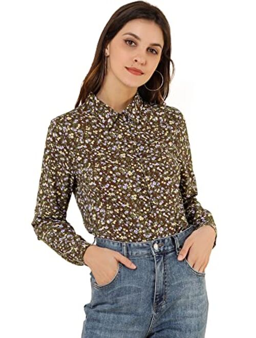 Allegra K Women's Button Down Floral Shirt Blouse Long Sleeve Point Collar Top