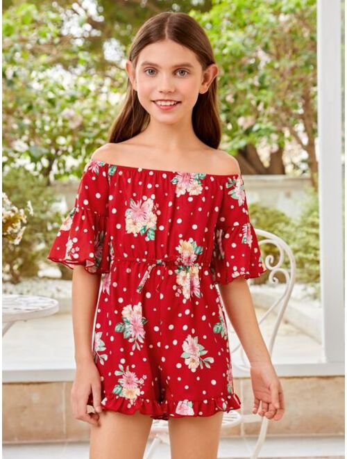 SHEIN Girls Polka Dot and Floral Print Off Shoulder Flounce Sleeve Romper