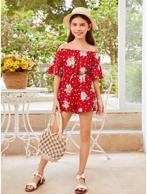 SHEIN Girls Polka Dot and Floral Print Off Shoulder Flounce Sleeve Romper