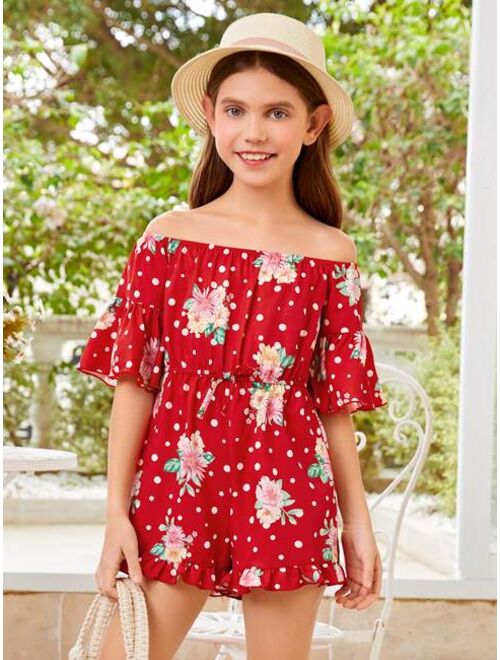 SHEIN Girls Polka Dot and Floral Print Off Shoulder Flounce Sleeve Romper