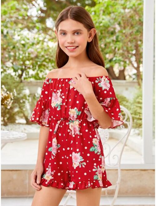 SHEIN Girls Polka Dot and Floral Print Off Shoulder Flounce Sleeve Romper