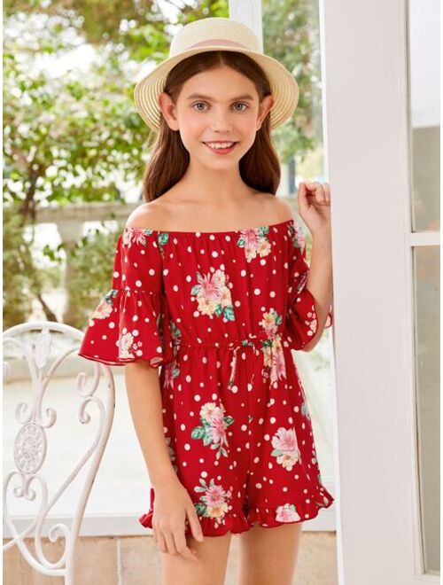 SHEIN Girls Polka Dot and Floral Print Off Shoulder Flounce Sleeve Romper