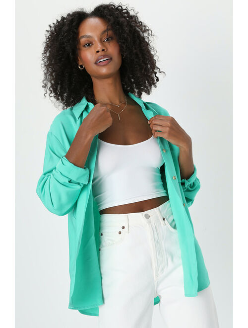 Lulus Head of the Class Seafoam Green Button-Up Long Sleeve Top