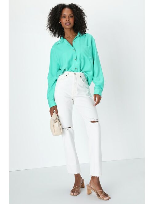 Lulus Head of the Class Seafoam Green Button-Up Long Sleeve Top