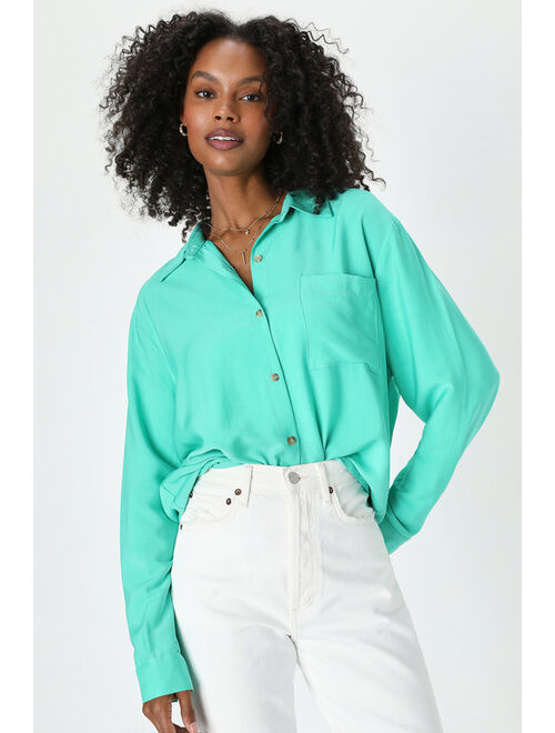 Lulus Head of the Class Seafoam Green Button-Up Long Sleeve Top