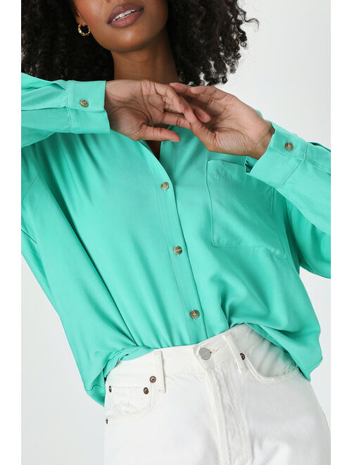 Lulus Head of the Class Seafoam Green Button-Up Long Sleeve Top