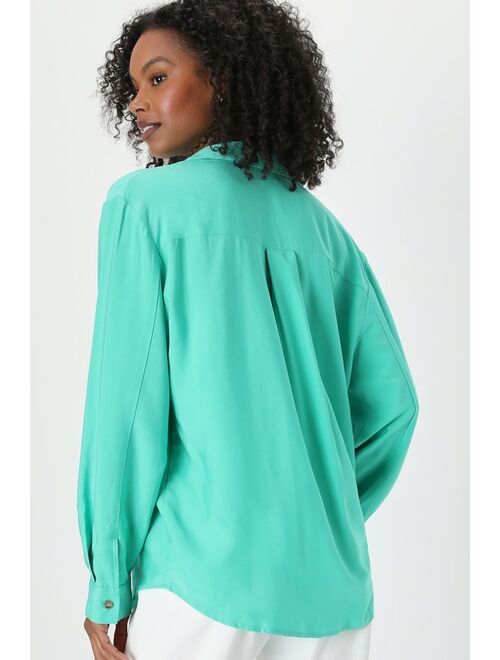 Lulus Head of the Class Seafoam Green Button-Up Long Sleeve Top