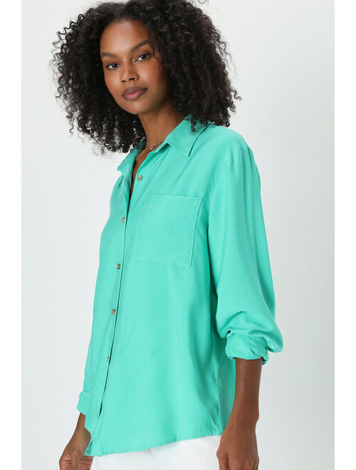 Lulus Head of the Class Seafoam Green Button-Up Long Sleeve Top