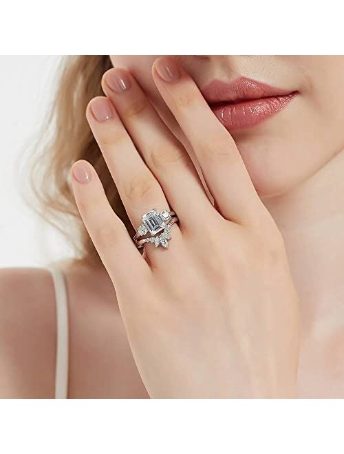 BERRICLE Sterling Silver 3-Stone Wedding Engagement Rings Emerald Cut Cubic Zirconia CZ Anniversary Promise Ring for Women, Rhodium Plated Size 4-10