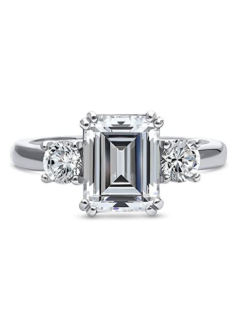 BERRICLE Sterling Silver 3-Stone Wedding Engagement Rings Emerald Cut Cubic Zirconia CZ Anniversary Promise Ring for Women, Rhodium Plated Size 4-10