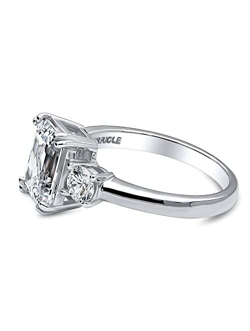 BERRICLE Sterling Silver 3-Stone Wedding Engagement Rings Emerald Cut Cubic Zirconia CZ Anniversary Promise Ring for Women, Rhodium Plated Size 4-10