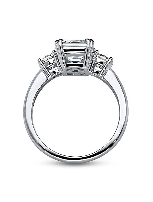 BERRICLE Sterling Silver 3-Stone Wedding Engagement Rings Emerald Cut Cubic Zirconia CZ Anniversary Promise Ring for Women, Rhodium Plated Size 4-10