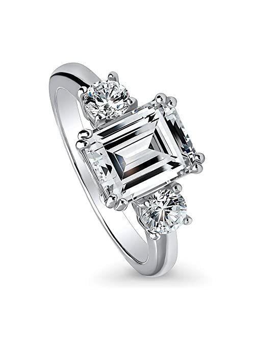 BERRICLE Sterling Silver 3-Stone Wedding Engagement Rings Emerald Cut Cubic Zirconia CZ Anniversary Promise Ring for Women, Rhodium Plated Size 4-10