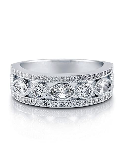 BERRICLE Sterling Silver Art Deco Wedding Rings Milgrain Bezel Set Cubic Zirconia CZ Anniversary Half Eternity Ring for Women, Rhodium Plated Size 4-10