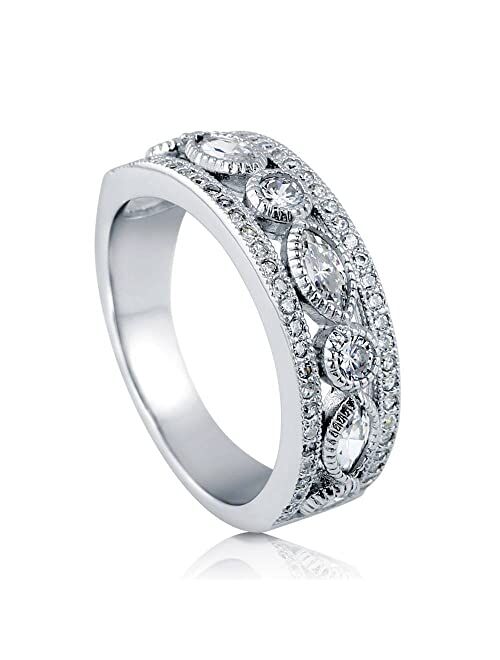 BERRICLE Sterling Silver Art Deco Wedding Rings Milgrain Bezel Set Cubic Zirconia CZ Anniversary Half Eternity Ring for Women, Rhodium Plated Size 4-10