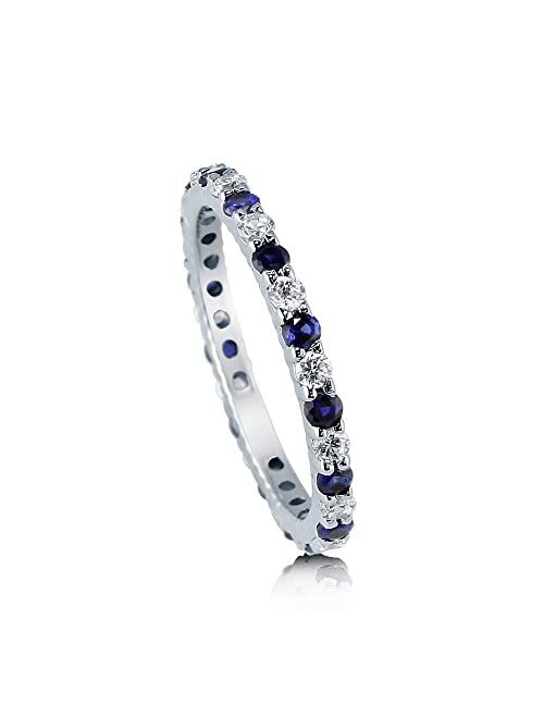 BERRICLE Sterling Silver Wedding Rings Simulated Blue Sapphire Pave Set Cubic Zirconia CZ Anniversary Eternity Ring for Women, Rhodium Plated Size 4-10