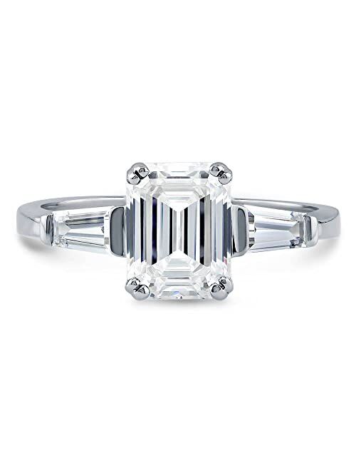 BERRICLE Sterling Silver 3-Stone Wedding Engagement Rings Emerald Cut Cubic Zirconia CZ Anniversary Ring for Women, Rhodium Plated Size 4-10