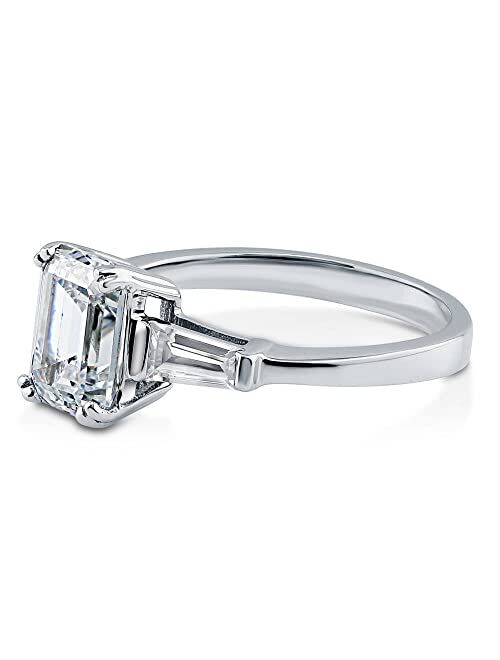 BERRICLE Sterling Silver 3-Stone Wedding Engagement Rings Emerald Cut Cubic Zirconia CZ Anniversary Ring for Women, Rhodium Plated Size 4-10