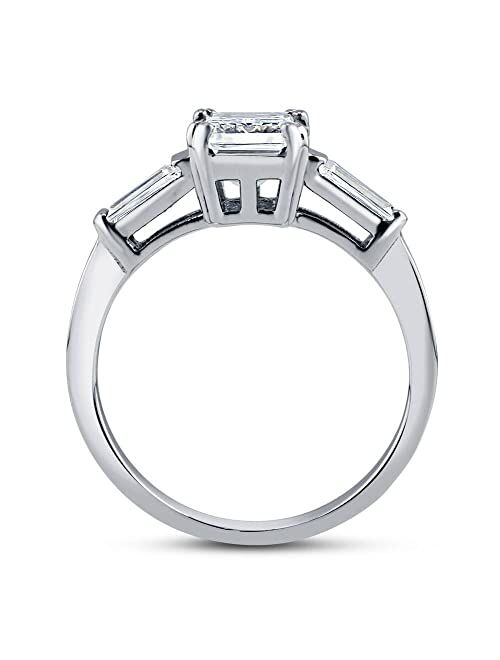 BERRICLE Sterling Silver 3-Stone Wedding Engagement Rings Emerald Cut Cubic Zirconia CZ Anniversary Ring for Women, Rhodium Plated Size 4-10