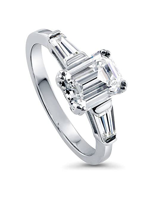 BERRICLE Sterling Silver 3-Stone Wedding Engagement Rings Emerald Cut Cubic Zirconia CZ Anniversary Ring for Women, Rhodium Plated Size 4-10