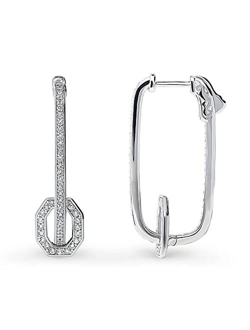 BERRICLE Sterling Silver Rectangle Cubic Zirconia CZ Art Deco Medium Fashion Inside-Out Hoop Earrings for Women, Rhodium Plated 1.3"