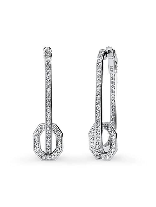 BERRICLE Sterling Silver Rectangle Cubic Zirconia CZ Art Deco Medium Fashion Inside-Out Hoop Earrings for Women, Rhodium Plated 1.3"