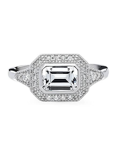 BERRICLE Sterling Silver Halo Wedding Engagement Rings Emerald Cut Cubic Zirconia CZ East-West Promise Ring for Women, Rhodium Plated Size 4-10