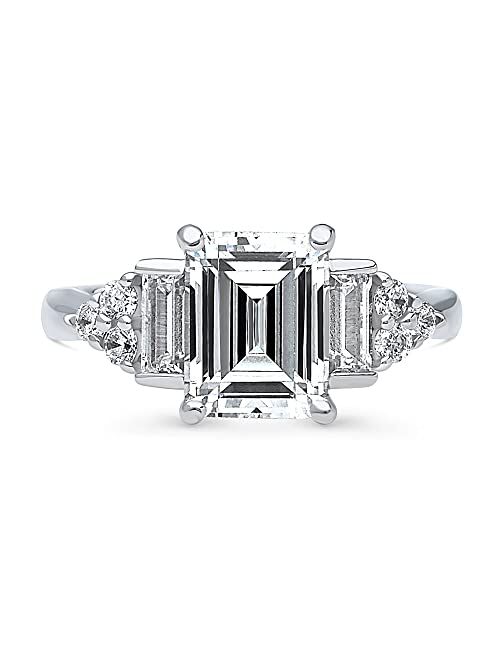 BERRICLE Sterling Silver 3-Stone Wedding Engagement Rings Emerald Cut Cubic Zirconia CZ Anniversary Ring for Women, Rhodium Plated Size 4-10