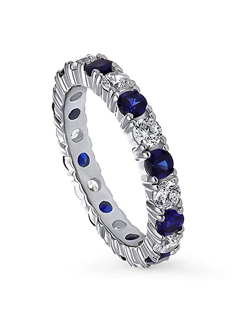 BERRICLE Sterling Silver Wedding Rings Simulated Blue Sapphire Cubic Zirconia CZ Anniversary Eternity Ring for Women, Rhodium Plated Size 4-10