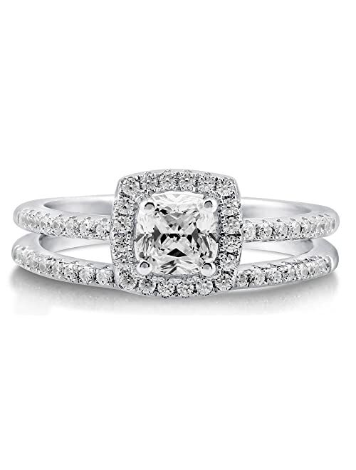 BERRICLE Sterling Silver Halo Wedding Engagement Rings Cushion Cut Cubic Zirconia CZ Ring Set for Women, Rhodium Plated Size 4-10