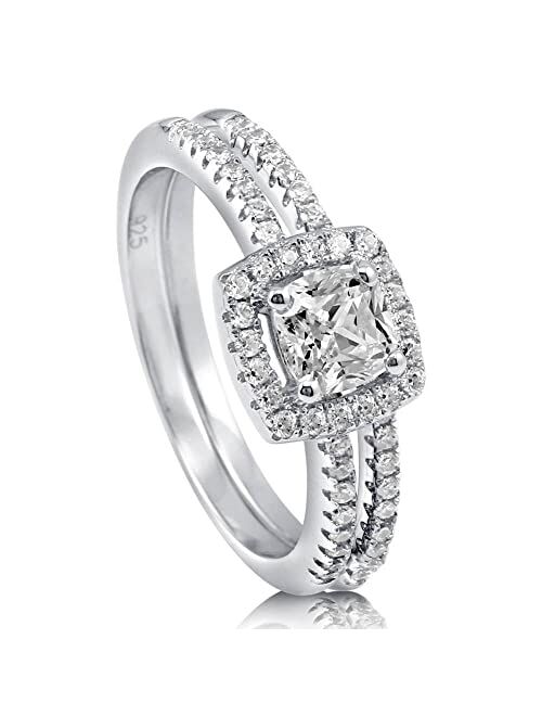 BERRICLE Sterling Silver Halo Wedding Engagement Rings Cushion Cut Cubic Zirconia CZ Ring Set for Women, Rhodium Plated Size 4-10