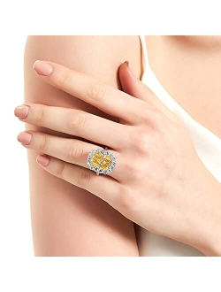 Sterling Silver Halo Yellow Cushion Cut Cubic Zirconia CZ Statement Cocktail Fashion Ring for Women, Rhodium Plated Size 4-10