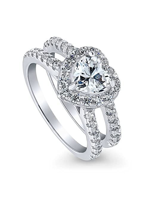 BERRICLE Sterling Silver Halo Wedding Engagement Rings Heart Cubic Zirconia CZ Ring for Women, Rhodium Plated Size 4-10