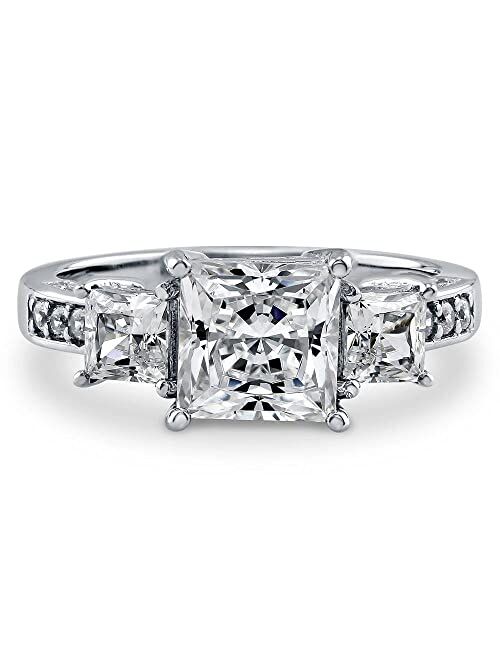 BERRICLE Sterling Silver 3-Stone Wedding Engagement Rings Princess Cut Cubic Zirconia CZ Anniversary Ring for Women, Rhodium Plated Size 4-10