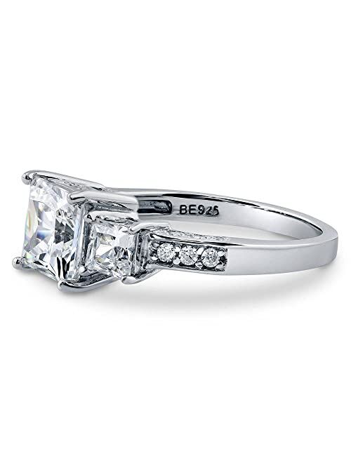 BERRICLE Sterling Silver 3-Stone Wedding Engagement Rings Princess Cut Cubic Zirconia CZ Anniversary Ring for Women, Rhodium Plated Size 4-10