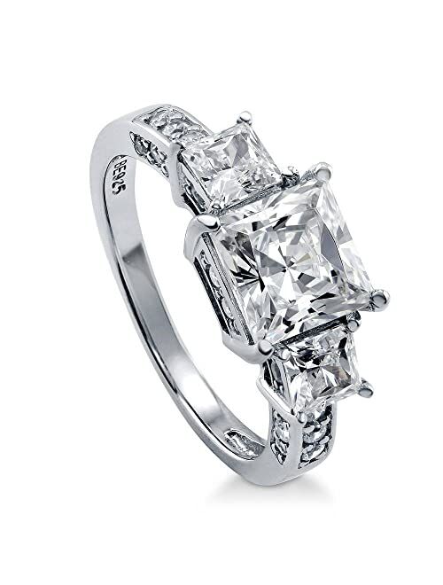 BERRICLE Sterling Silver 3-Stone Wedding Engagement Rings Princess Cut Cubic Zirconia CZ Anniversary Ring for Women, Rhodium Plated Size 4-10