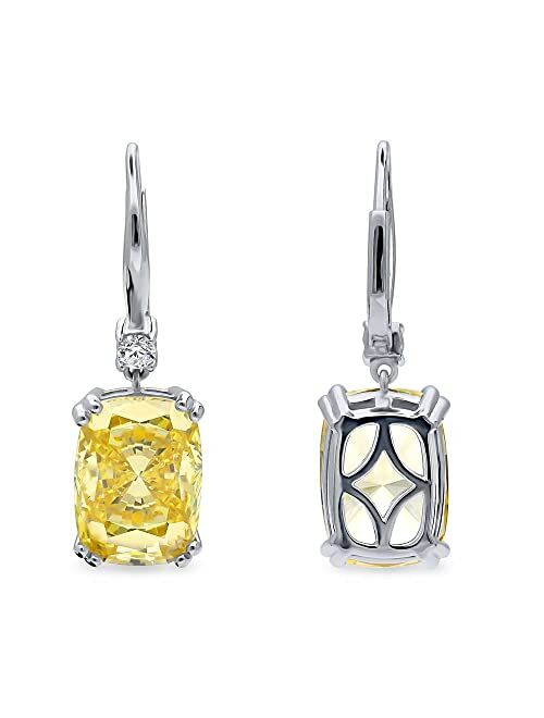 BERRICLE Sterling Silver Solitaire Canary Yellow Cushion Cut Cubic Zirconia CZ Statement Leverback Anniversary Dangle Drop Earrings for Women, Rhodium Plated 18 Carat