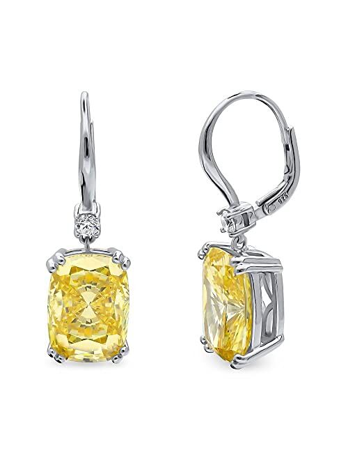 BERRICLE Sterling Silver Solitaire Canary Yellow Cushion Cut Cubic Zirconia CZ Statement Leverback Anniversary Dangle Drop Earrings for Women, Rhodium Plated 18 Carat