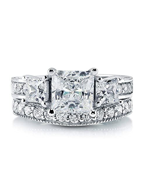 BERRICLE Sterling Silver 3-Stone Wedding Engagement Rings Princess Cut Cubic Zirconia CZ Anniversary Ring Set for Women, Rhodium Plated Size 4-10