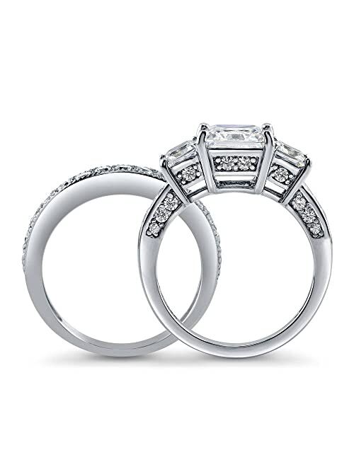 BERRICLE Sterling Silver 3-Stone Wedding Engagement Rings Princess Cut Cubic Zirconia CZ Anniversary Ring Set for Women, Rhodium Plated Size 4-10